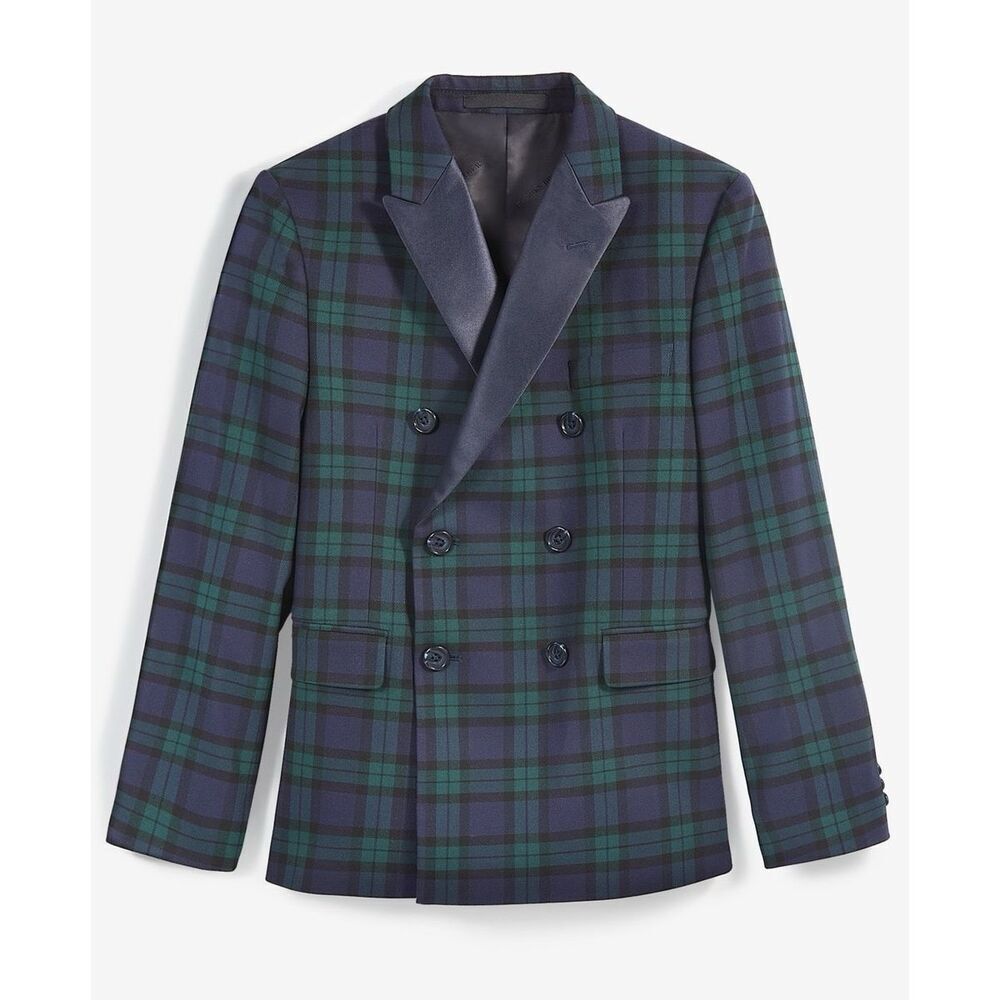 B by Brooks Brothers Youth Plaid Double-Breasted Bamherst Suit Jacket Navy/Green